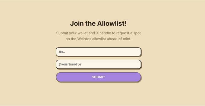 A web form titled "Join the Allowlist!" with fields for an X handle and wallet address, and a purple "Submit" button, inviting users to apply for the Weirdos NFT allowlist before applications close in the next 24 hours.

The accompanying post confirms 20,000+ applications have already been submitted, indicating overwhelming demand for the allowlist spot shown in the form.