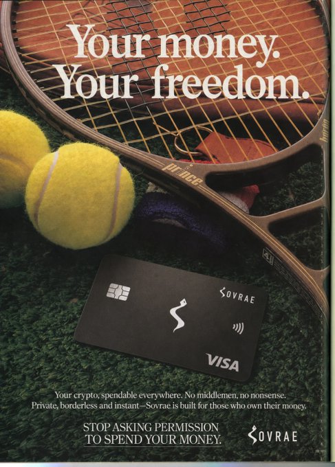 Advertisement for Sovrae's black Visa credit card displayed on grass with tennis racket and balls, featuring the text 'Your money. Your freedom.' and 'STOP ASKING PERMISSION TO SPEND YOUR MONEY.'