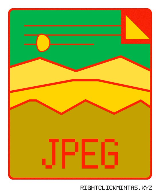 A stylized digital artwork depicts a landscape with a sun, mountains, and a document icon in the top right corner, with the word 'JPEG' in large pixelated red text and a watermark reading 'RIGHTCLICKMINTAS.XYZ'.