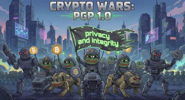 The image depicts a group of cartoon people wearing funny costumes, sitting together with their arms around each other as if they are hugging or shaking hands. There is one person holding a flag that has the text "CRYPTO WARs". The caption below reads "Even though this project is focused on bitcoin history, it makes sense to include some selected topics from cryptography and cypherpunk history..."