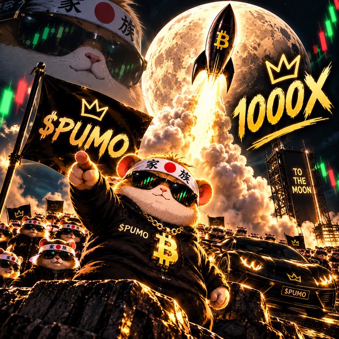 A cartoon bear mascot wearing sunglasses and a headband with Japanese flag elements and "$PUMO" branding points forward, with a rocket featuring the Bitcoin logo blasting off toward a giant moon alongside "1000X" and "TO THE MOON" text, capturing the hyperbolic "buy and hold" moonshot hype of the $PUMO memecoin pump.