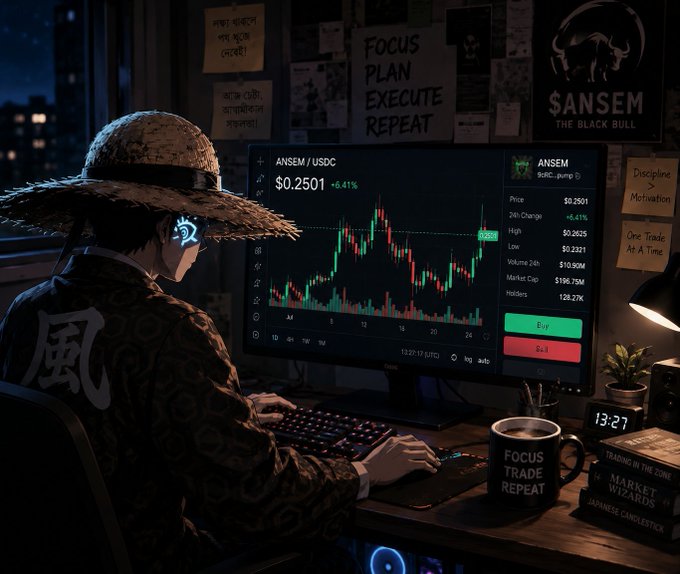 Anime-style illustration of a figure in a straw hat and traditional robe trading ANSEM/USDC at $0.2501 on a monitor, surrounded by motivational posters like 'FOCUS PLAN EXECUTE REPEAT' and 'SANSEM THE BLACK BULL.'