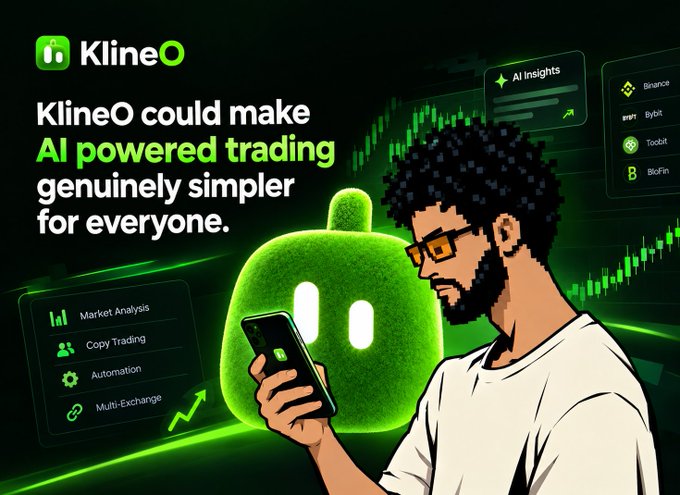 Promotional graphic for KlineO featuring a man using a smartphone with the tagline 'KlineO could make AI powered trading genuinely simpler for everyone,' highlighting features like Market Analysis, Copy Trading, Automation, and Multi-Exchange support on Binance, Bybit, Toobit, and Bofin.