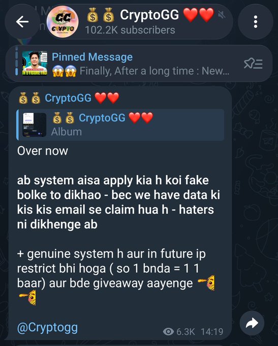 A Telegram screenshot from 'CryptoGG' channel with 102.2K subscribers, displaying a message about ending a fake system, having data proving fake claims, and implementing IP restrictions for future giveaways.
