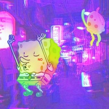 A meme image with a purple/pink glitch aesthetic, featuring a SpongeBob character with the word "NO" and a jellyfish in the background.