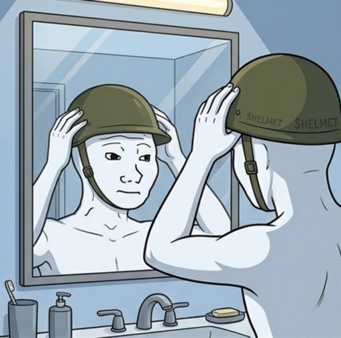 A cartoon illustration shows a person looking in a bathroom mirror while placing a military-style helmet labeled "SHELMET" on their head.