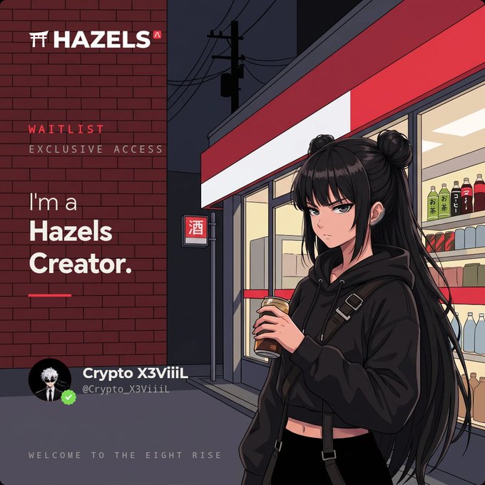 A promotional graphic for 'HAZELS' waitlist access featuring an anime-style girl with black hair in buns, wearing a black hoodie and holding a drink outside a convenience store.