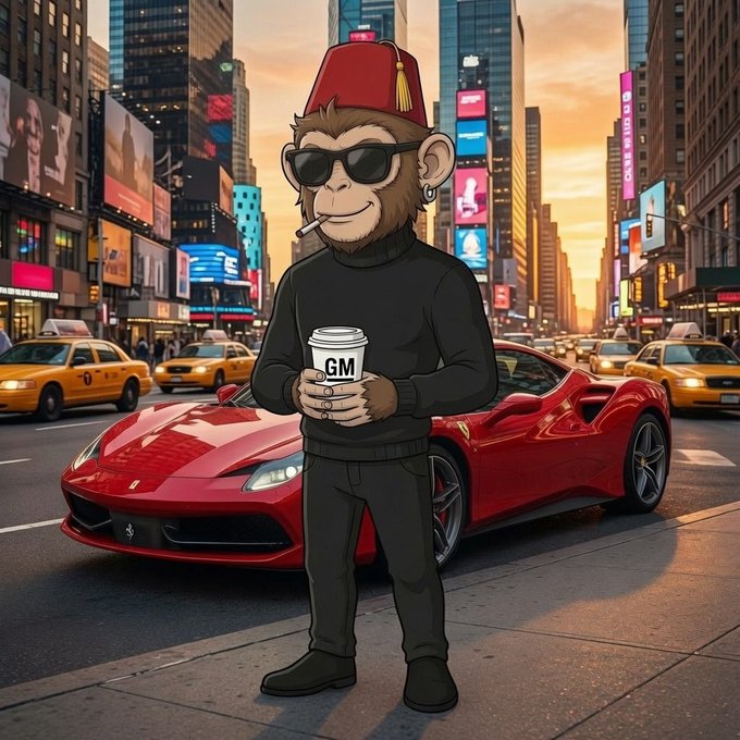A cool monkey wearing a red fez and sunglasses, smoking a cigarette, and holding a "GM" coffee cup stands in front of a red Ferrari on a bustling city street lined with yellow taxis and digital billboards, symbolizing success and wealth accumulation in crypto markets. The image ties into the post's message about bear markets creating future millionaires, with the monkey embodying the savvy investor holding through the downturn, as represented by the "GM" (Good Morning) coffee cup.