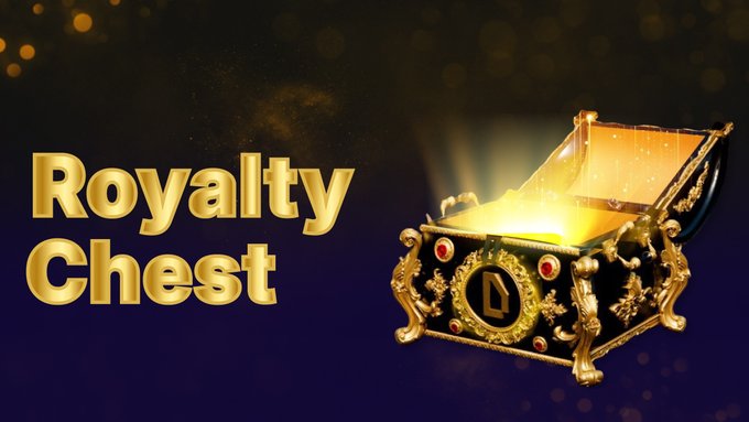 The image displays a promotional banner featuring an ornate, open treasure chest with a glowing "D" symbol, accompanied by bold gold text reading "Royalty Chest" against a dark, sparkling background. The visual directly illustrates the post's announcement of a daily Royalty Chest powered by $WOD, where users can open it once per day to claim rewards within the World of Dypians ecosystem.