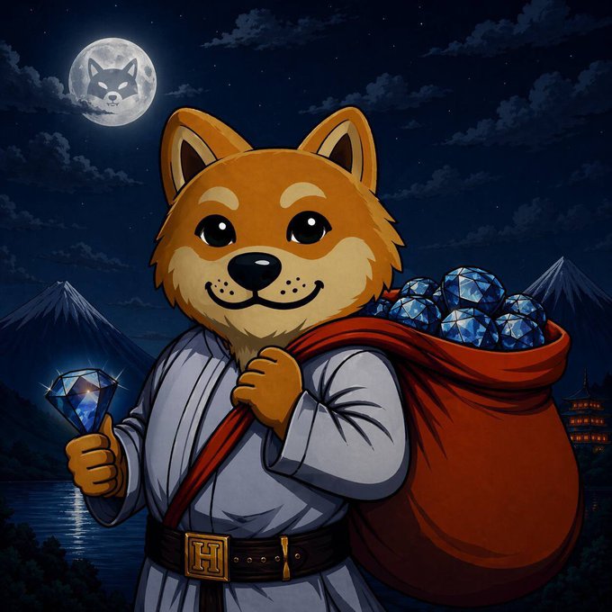 A cartoon Shiba Inu dog wearing a white robe with a red cape and a belt with an 'H' buckle, holding a diamond and carrying a sack filled with blue diamonds, set against a nighttime backdrop with mountains and a dog-faced moon.