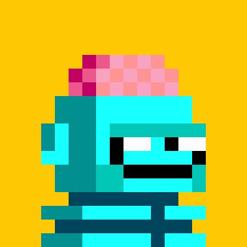 A pixel art character with a teal head, pink and red top, and a black mouth stands against a bright yellow background.