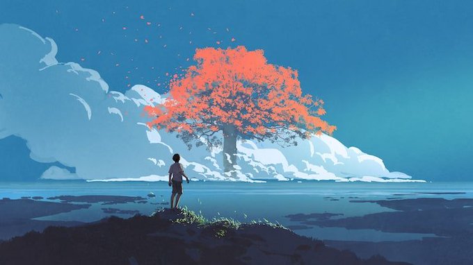 An illustration shows a person standing on a dark shore, gazing across water at a massive tree with vibrant red/orange foliage growing from a cloud-covered island under a deep blue sky.