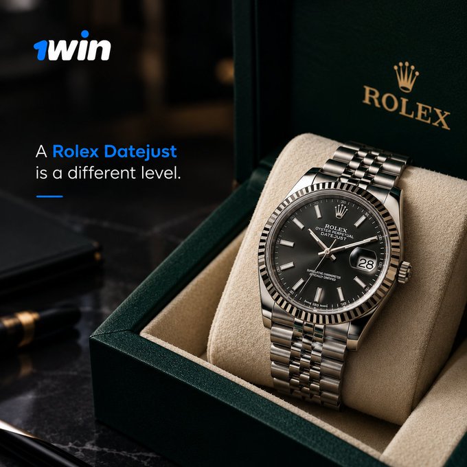 A Rolex Datejust watch with a black dial displayed in its green presentation box, with the caption 'A Rolex Datejust is a different level.' and '1win' branding in the corner.