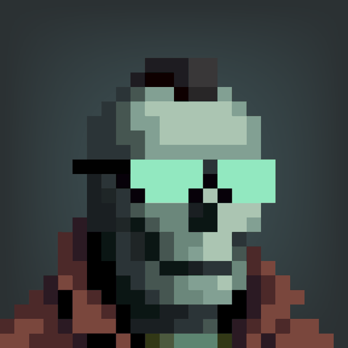 A pixel art portrait depicts a greenish, skeletal figure wearing cyan goggles and a red garment, resembling a retro video game zombie character.