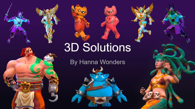 A promotional display titled '3D Solutions By Hanna Wonders' showcases various 3D-modeled fantasy game characters including warriors, angels, a medusa, and a blue ogre.