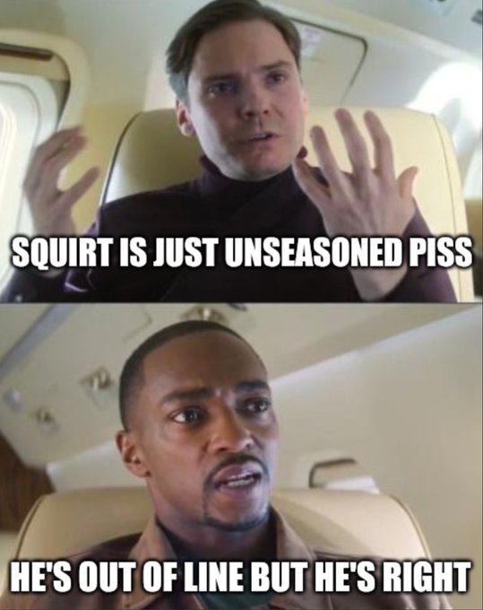 Two-panel meme from an airplane setting featuring a man declaring 'SQUIRT IS JUST UNSEASONED PISS' in the top panel and another man responding 'HE'S OUT OF LINE BUT HE'S RIGHT' in the bottom panel.