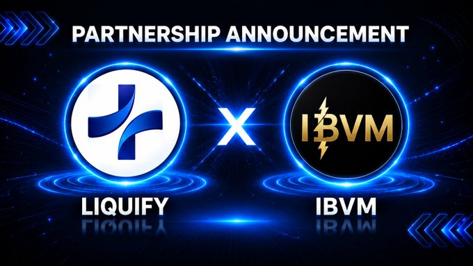 A digital graphic announcing a "PARTNERSHIP ANNOUNCEMENT" between "LIQUIFY" and "IBVM," displayed with glowing blue rings and neon effects.