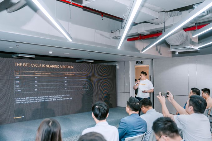 A speaker presents to an audience at Binance Vietnam's Quant Alpha Talk 2026 in Hanoi, standing beside a large screen displaying "THE BTC CYCLE IS NEARING A BOTTOM" with a table comparing bear year troughs and drawdowns across 2015, 2017, 2020, and current market data, as attendees photograph the presentation.