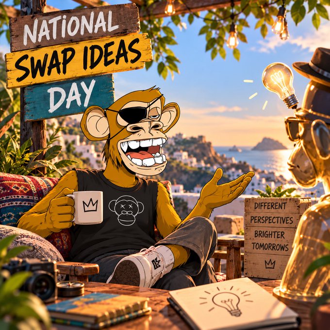 An illustrated monkey with an eye patch and BAPE t-shirt sits in a chair holding a mug, surrounded by signs reading 'NATIONAL SWAP IDEAS DAY' and 'DIFFERENT PERSPECTIVES BRIGHTER TOMORROWS'.