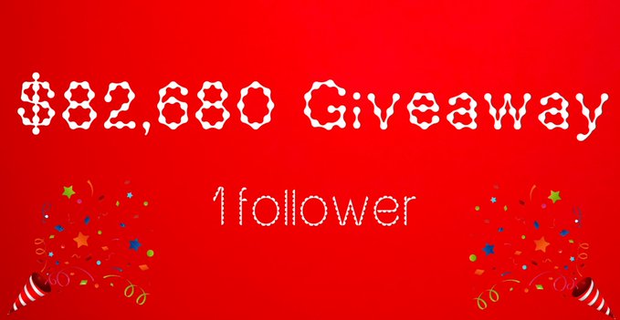 A red graphic with festive confetti and party horn decorations displays "$82,680 Giveaway" and "1 follower" in dotted white text, visually reinforcing the post's promise to award a single lucky follower with $82,680 worth of crypto if SOL, ETH, BTC, and HYPE hit specified price targets.