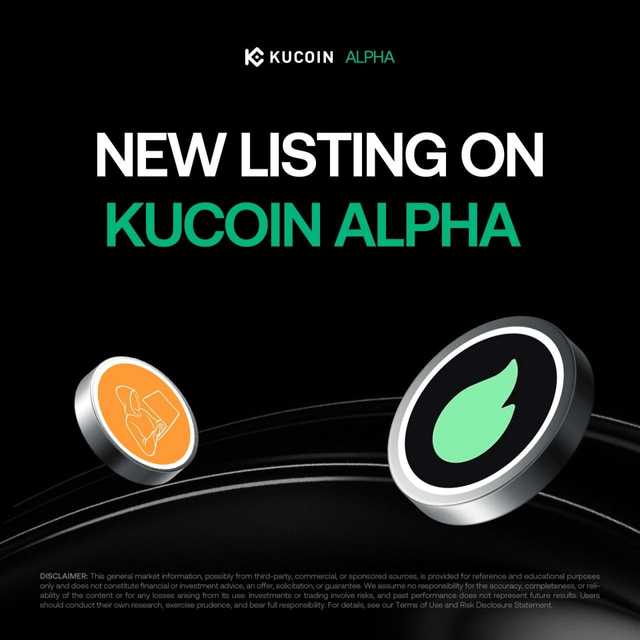 The image features a black background with two coins, one orange and one green, floating above it. The text "New listing on KuCoin Alpha" is written at the top of the image, while "Listed token: VIRL & DEGEN" is written below the coins. This suggests that the coins are being listed for sale on KuCoin's Alpha platform.