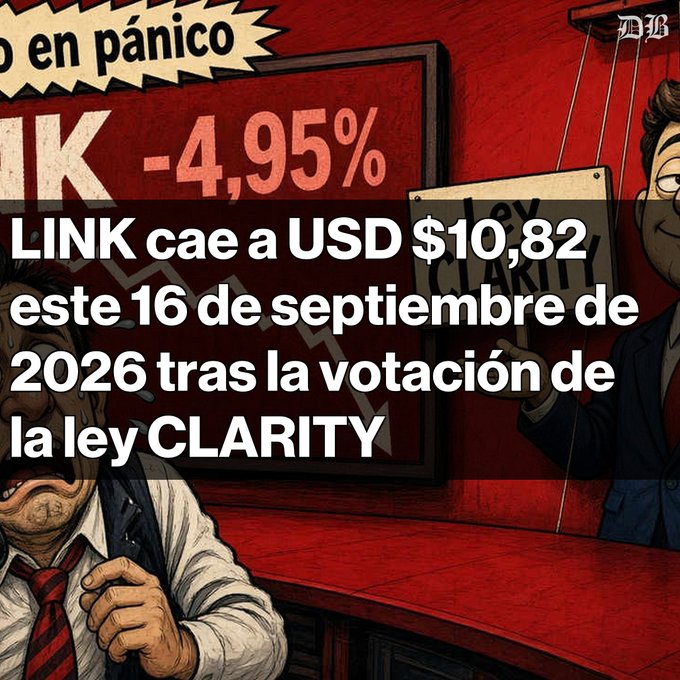 A Spanish-language news graphic announcing 'LINK cae a USD $10,82 este 16 de septiembre de 2026 tras la votación de la ley CLARITY,' featuring a panic-stricken cartoon man.