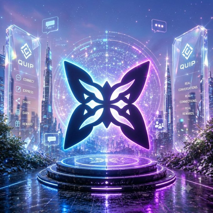 A digital/futuristic promotional graphic featuring a butterfly logo with 'QUIP' branding, listing features like CONNECT, EXPRESS, SHARE, EARN, REWARD, and slogans including 'REAL CONVERSATIONS', 'REAL CONNECTIONS', 'REAL REWARDS'.