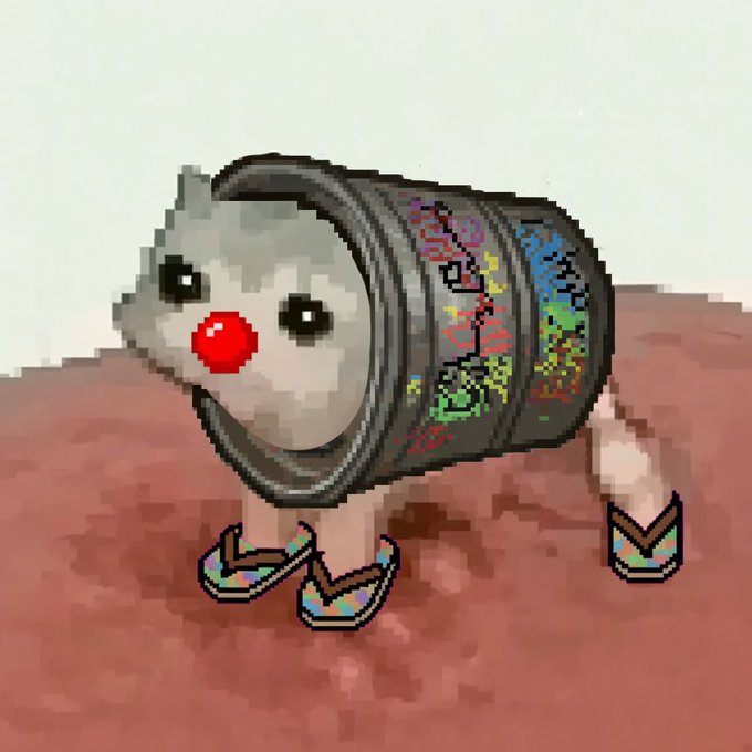 A pixel art image of a cat's head emerging from a graffiti-covered metal barrel, with its hind legs wearing colorful sneakers poking out the back, standing on a reddish surface.