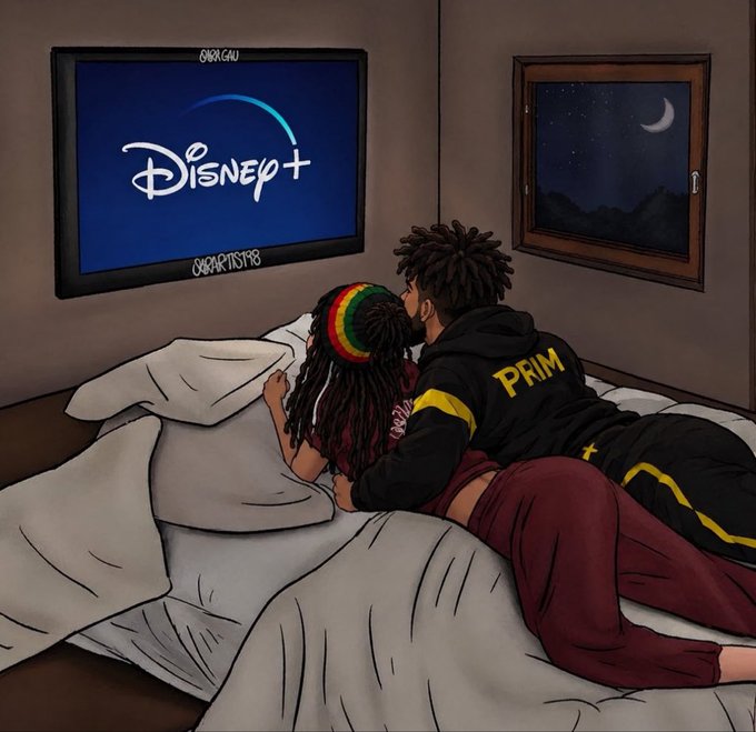 An illustrated scene of a couple lying in bed watching Disney+ on a wall-mounted TV at night, with the man wearing a black hoodie with "PRIM" written on the back.