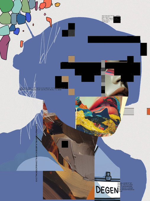 Abstract digital art collage featuring a fragmented blue face silhouette with glitch elements, textured paint patches, partial facial features, and the word "DEGEN" in the lower right.