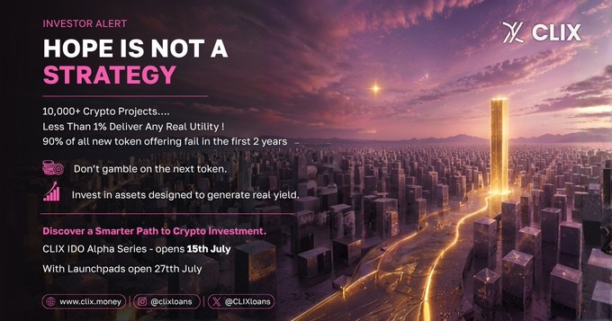 Crypto investment advertisement from 'CLIX' titled 'Hope Is Not A Strategy,' warning that 90% of new tokens fail and announcing the 'CLIX IDO Alpha Series' opening on 15th July.