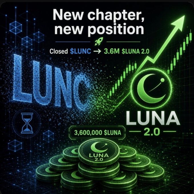 A cryptocurrency promotional graphic announcing 'New chapter, new position' showing the closure of $LUNC and conversion to 3.6M $LUNA 2.0, featuring an hourglass symbol and an upward trending green candlestick chart.