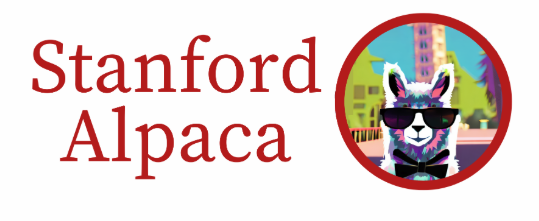 The image shows the Stanford Alpaca logo, featuring a stylized alpaca wearing sunglasses against a colorful cityscape background, with "Stanford Alpaca" in red text beside it. The logo relates to the post's theme of open-source AI models, as Stanford Alpaca was an early open-weights instruction-tuned language model, exemplifying how accessible, high-performing AI systems can be released to the public—aligning with the message that open weights and training frameworks will continuously bring frontier capabilities to everyday devices.