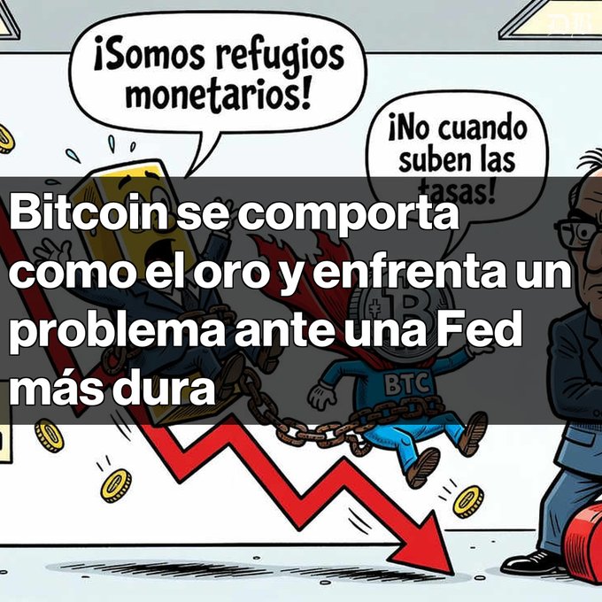 Spanish-language cartoon/meme showing a gold bar and Bitcoin character in chains with text '¡Somos refugios monetarios!' and '¡No cuando suben las tasas!', overlaid with the headline 'Bitcoin se comporta como el oro y enfrenta un problema ante una Fed más dura'.