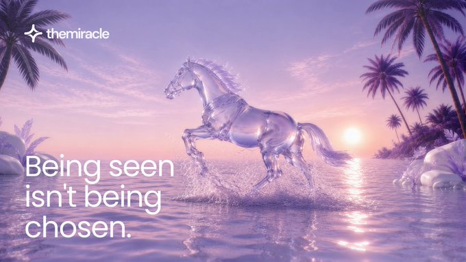 A majestic translucent crystal horse gallops through a purple-hued tropical sunset over water, framed by palm trees and the "themiracle" logo. Overlaid text reads "Being seen isn't being chosen," visually reinforcing the post's message about moving beyond mere visibility to deliver the right offer to the right user where they're already engaged.