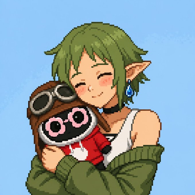 The image features a woman wearing a green sweater and holding a small black and white stuffed animal with pink eyes. The woman appears to be hugging the stuffed animal while smiling at the camera. The caption below the image reads, "Focus on what is in the image and how it relates to the post."