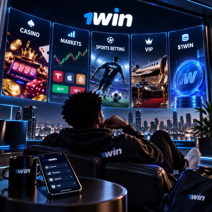 A promotional advertisement for '1win' shows a person viewing their platform's offerings including Casino, Markets, Sports Betting, VIP, and $1WIN, displayed on large screens with a city skyline at night.