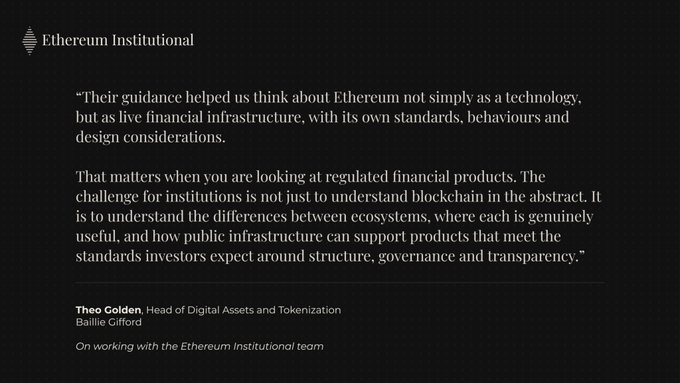 The image is a branded quote card from "Ethereum Institutional" featuring a testimonial from Theo Golden, Head of Digital Assets and Tokenization at Baillie Gifford, praising the Ethereum Institutional team's guidance in helping them view Ethereum as live financial infrastructure for regulated financial products, which directly relates to Baillie Gifford's recent launch of their tokenised Enhanced Yield Fund ($BAGEY) on Ethereum.