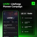The image shows two cell phones, one displaying a green screen with text about a campaign called "LitForGE" by Farm LitPT, while the other phone has a black screen with no visible content or text. The first phone's screen is green, and there are three buttons on it - a "Guide", an "LIMIT", and a "LIMIT". The second phone's screen is black, but there is some text displayed that says "Farm LitPT Points for swaps, daily checkouts, and tasks in LitecoinVM ecosystem".