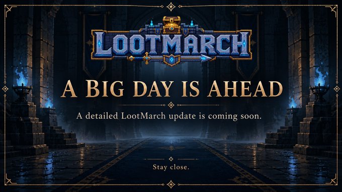 A promotional graphic for "LOOTMARCH" featuring the text "A BIG DAY IS AHEAD," "A detailed LootMarch update is coming soon," and "Stay close."