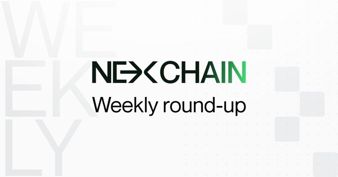 A branded banner for the "NEXCHAIN Weekly round-up" featuring the Nexchain logo alongside large faded "WEEKLY" text and a subtle grid pattern, serving as the visual header for the weekly recap post.