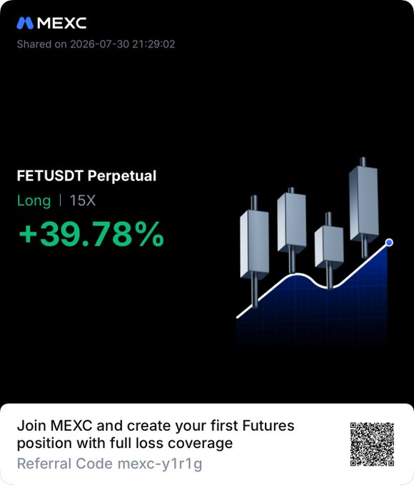 A promotional screenshot for MEXC displays a successful 'FETUSDT Perpetual' long position with 15X leverage yielding +39.78%, accompanied by a referral code 'mexc-y1r1g' and a QR code.