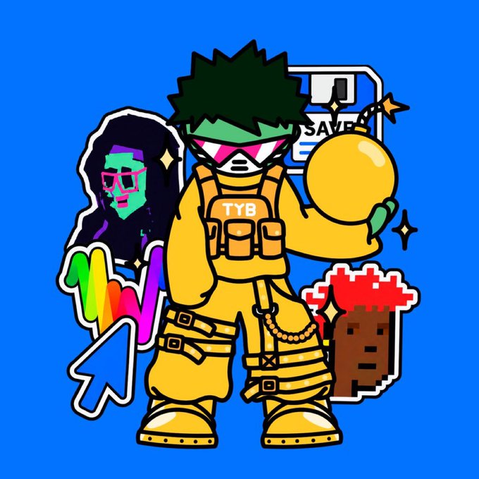 A cartoon character with green hair and pink sunglasses wearing a yellow tactical vest labeled "TYB" holds a bomb with a lit fuse, surrounded by pixel art flames, a rainbow hand gesture, and a "SAVE" floppy disk icon, fitting the edgy digital art style shared by artist @unbearableKnife.