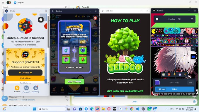 The image shows a Telegram desktop app with several crypto and NFT mini-app interfaces displayed simultaneously, including PocketFi's claim screen stating "Dutch Auction is finished" with a Total balance showing 0 ETH/6 STOCK/$0.00, a "Moon Pass Extra Steps" boinkers challenge, a "How to Play Seedgo" tutorial requiring a SEED MON NFT, and a NotPixel drawing interface. This visual collage of various Telegram-based projects' interfaces directly illustrates the list of Telegram projects mentioned in the post that disappointed their communities.