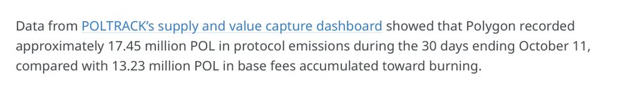 Text excerpt stating: 'Data from POLTRACK's supply and value capture dashboard showed that Polygon recorded approximately 17.45 million POL in protocol emissions during the 30 days ending October 11, compared with 13.23 million POL in base fees accumulated toward burning.'