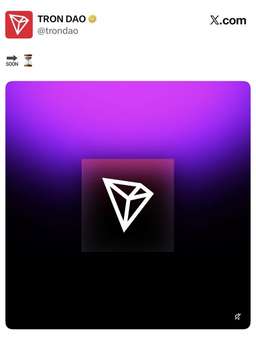 A tweet by TRON DAO (@trondao) with a 'SOON' hint featuring an hourglass emoji and a large TRON logo on a purple-to-black gradient background.