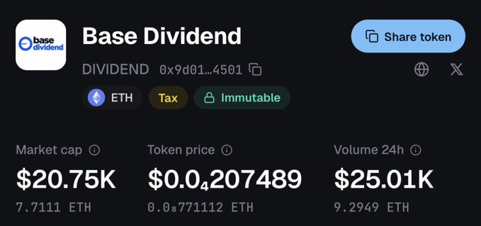 A screenshot of the 'Base Dividend' token page showing a market cap of $20.75K, token price of $0.04207489, and 24h volume of $25.01K on the ETH network with 'Tax' and 'Immutable' tags.