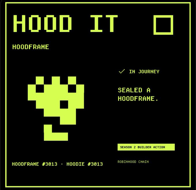 A pixel art graphic with a black and neon green color scheme, featuring a snake character and the text 'HOOD IT', 'HOODFRAME', 'SEALED A HOODFRAME', and 'SEASON 2 BUILDER ACTION'.