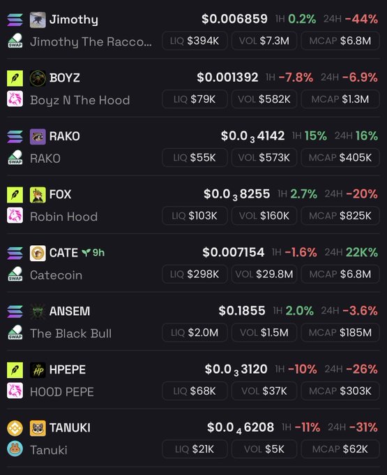A cryptocurrency price tracker displaying meme coins including Jimothy ($0.006859, -44%), BOYZ ($0.001392), RAKO ($0.0004142), FOX ($0.0008255), CATE ($0.007154), ANSEM ($0.1855), HPEPE ($0.0003120), and TANUKI ($0.00046208) with their 1H and 24H percentage changes.