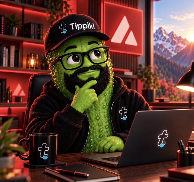 Cartoon character with a green textured body, wearing glasses and a 'Tippikl' cap, sitting at a desk with a laptop and coffee mug, both branded with a logo.